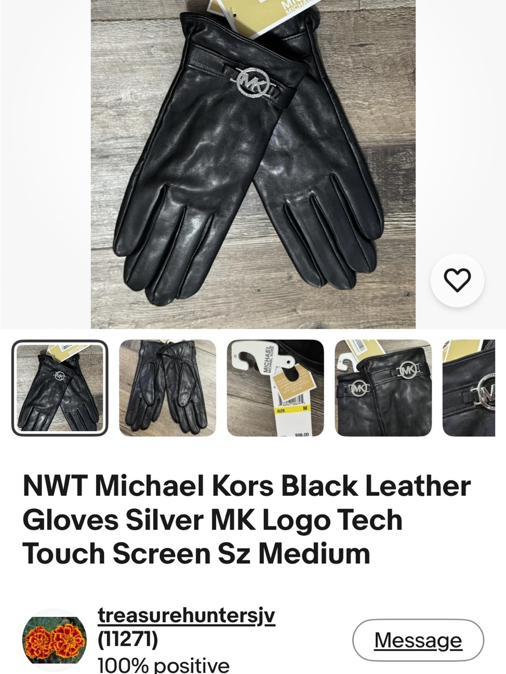 Michael Kors Black Leather Gloves with Silver MK Logo  winter fall Tech-Friendly